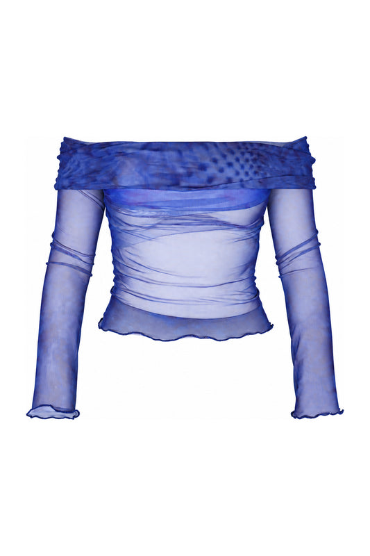 Daisy Street Blue Tie-Dye Mesh Off-Shoulder Top