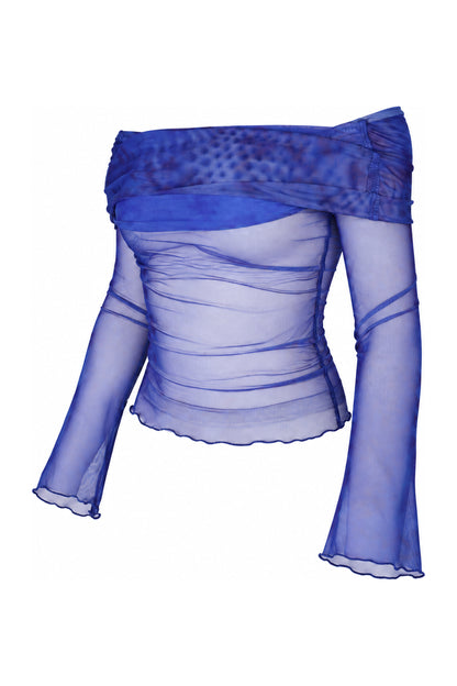 Daisy Street Blue Tie-Dye Mesh Off-Shoulder Top