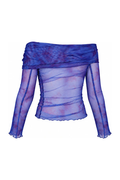 Daisy Street Blue Tie-Dye Mesh Off-Shoulder Top