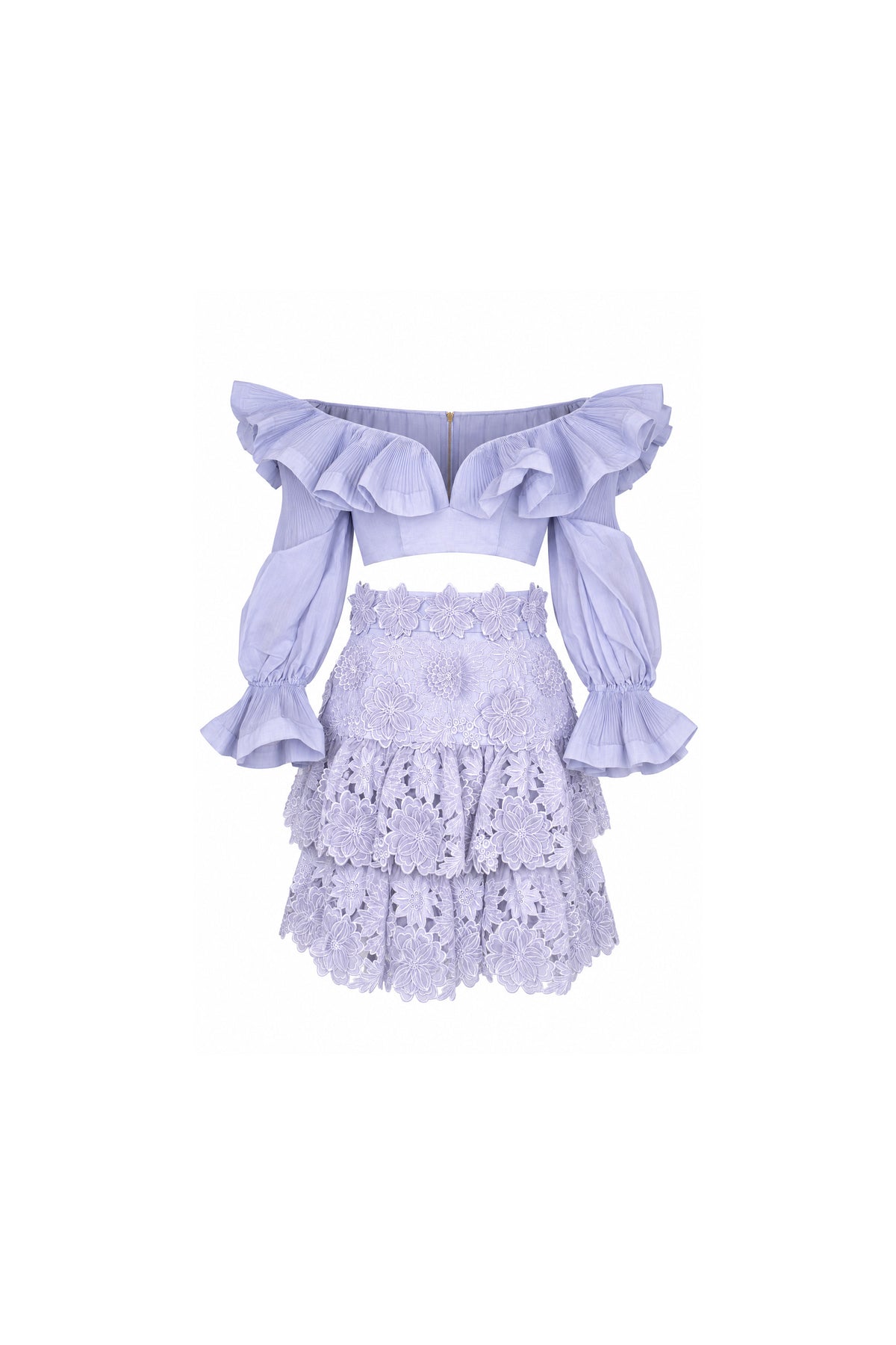 Zimmermann Lilac Guipure Lace Tiered Skirt and Ruffle Blouse Set