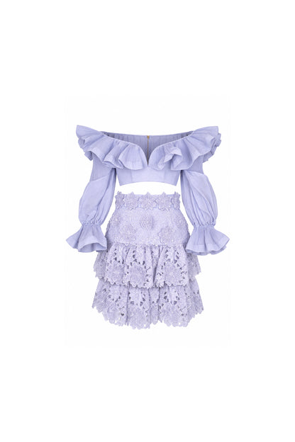 Zimmermann Lilac Guipure Lace Tiered Skirt and Ruffle Blouse Set