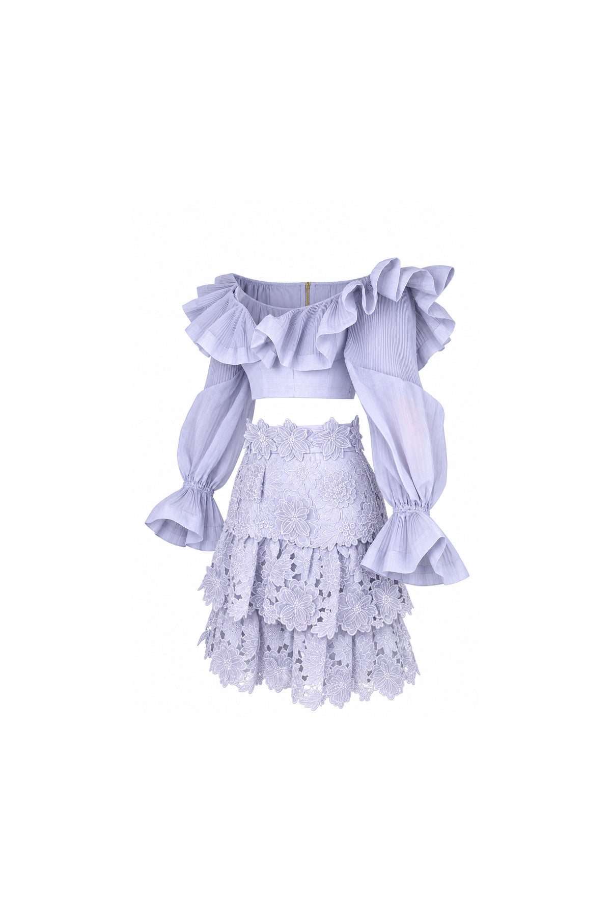 Zimmermann Lilac Guipure Lace Tiered Skirt and Ruffle Blouse Set