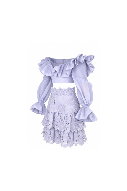 Zimmermann Lilac Guipure Lace Tiered Skirt and Ruffle Blouse Set