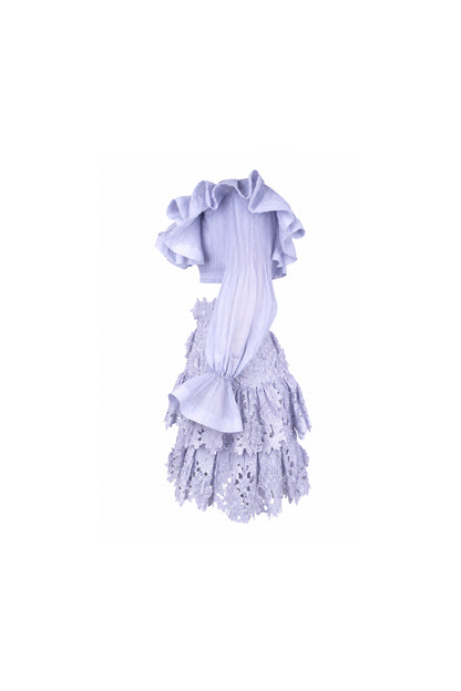 Zimmermann Lilac Guipure Lace Tiered Skirt and Ruffle Blouse Set