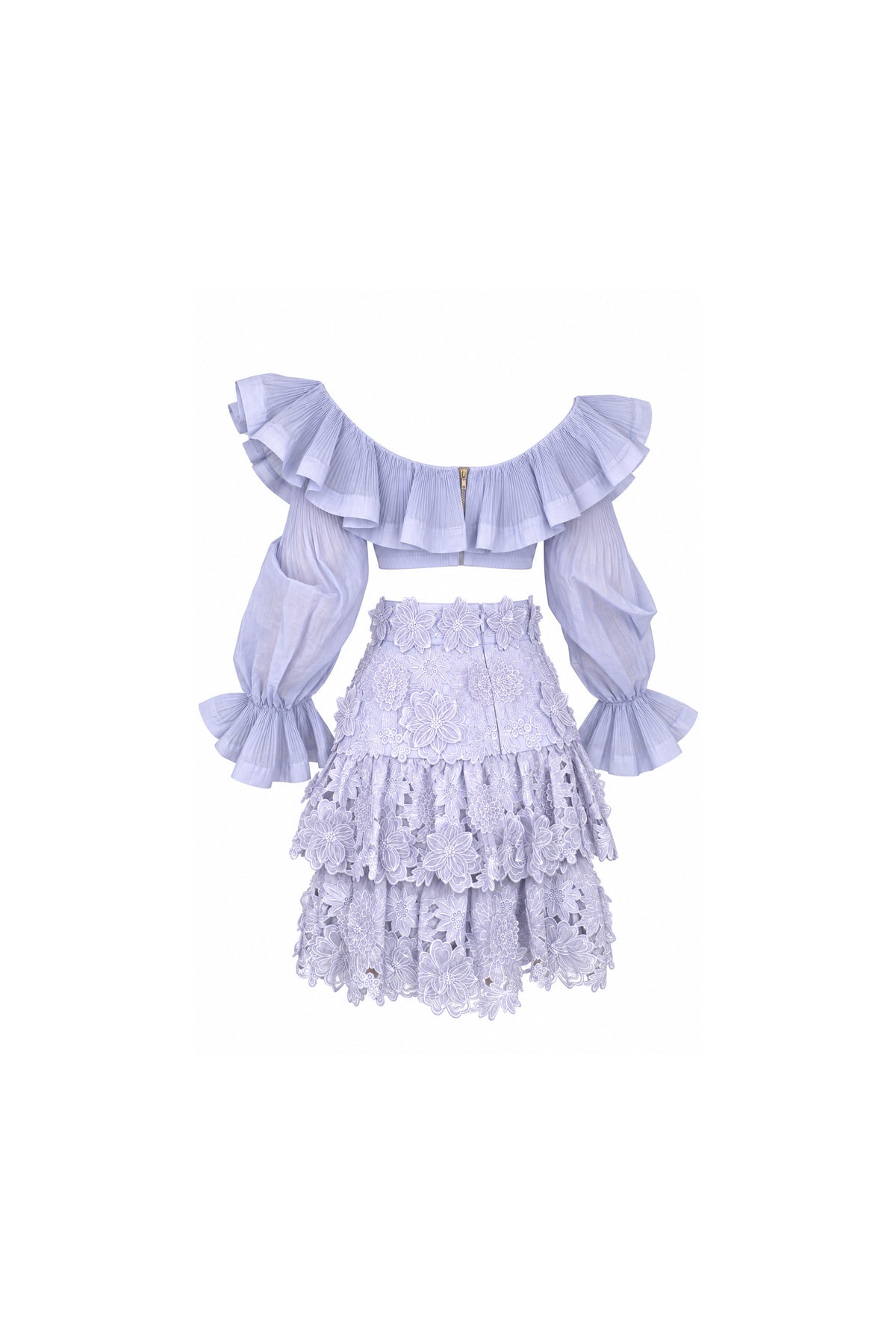 Zimmermann Lilac Guipure Lace Tiered Skirt and Ruffle Blouse Set