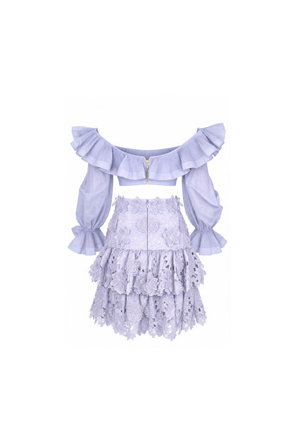Zimmermann Lilac Guipure Lace Tiered Skirt and Ruffle Blouse Set
