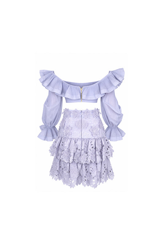 Zimmermann Lilac Guipure Lace Tiered Skirt and Ruffle Blouse Set