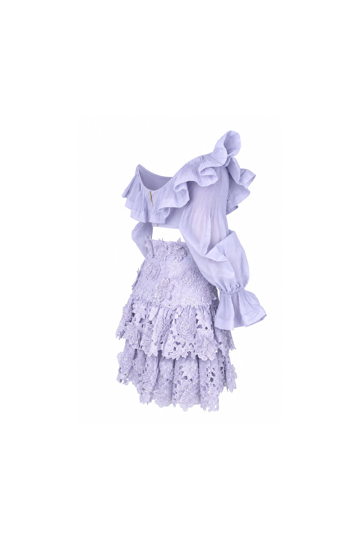 Zimmermann Lilac Guipure Lace Tiered Skirt and Ruffle Blouse Set