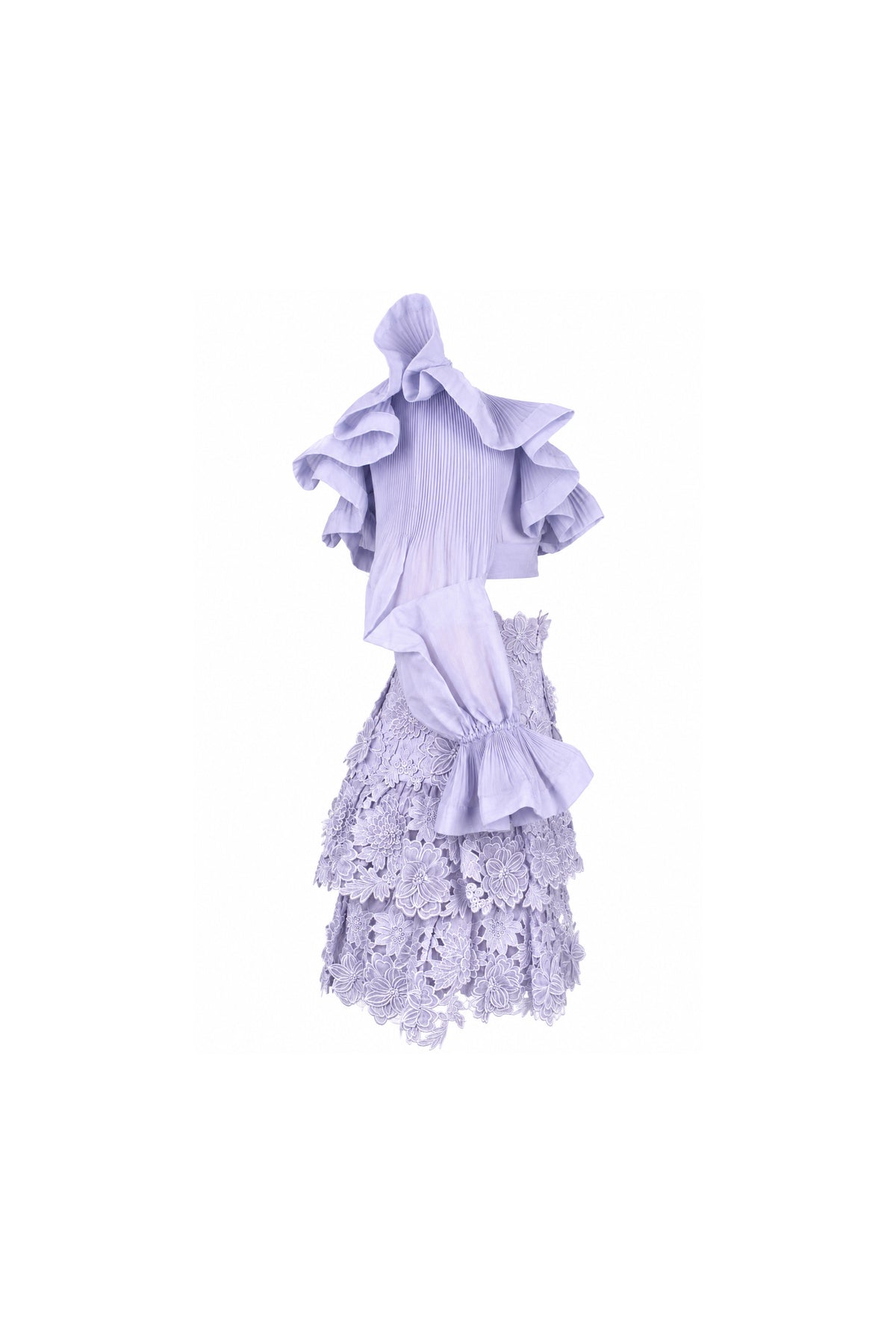 Zimmermann Lilac Guipure Lace Tiered Skirt and Ruffle Blouse Set