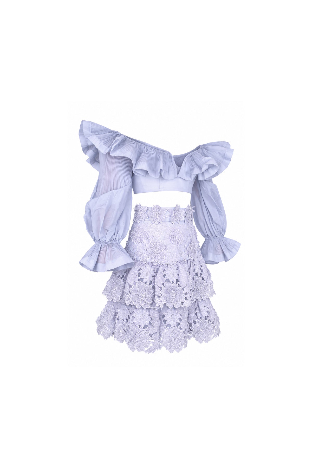 Zimmermann Lilac Guipure Lace Tiered Skirt and Ruffle Blouse Set