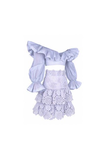 Zimmermann Lilac Guipure Lace Tiered Skirt and Ruffle Blouse Set