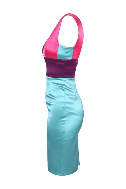 Fausto Puglisi Turquoise Satin Colour-Block Pencil Dress