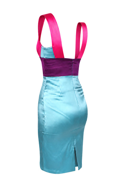 Fausto Puglisi Turquoise Satin Colour-Block Pencil Dress