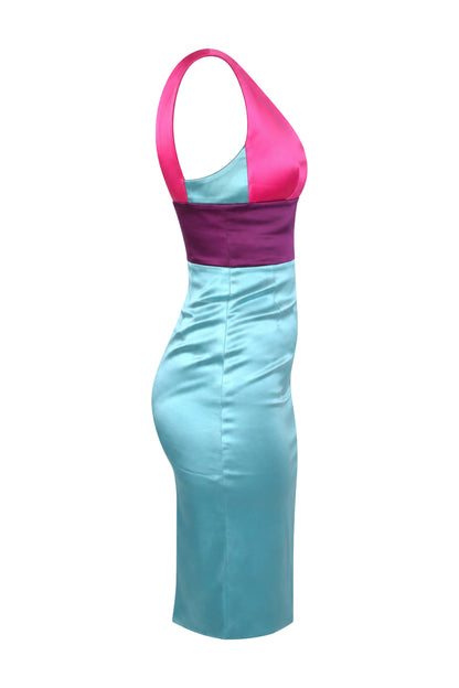 Fausto Puglisi Turquoise Satin Colour-Block Pencil Dress