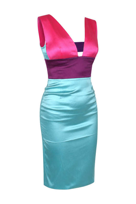 Fausto Puglisi Turquoise Satin Colour-Block Pencil Dress