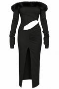 Cup of Stars Black Faux Fur Trim Cut-Out Maxi Dress