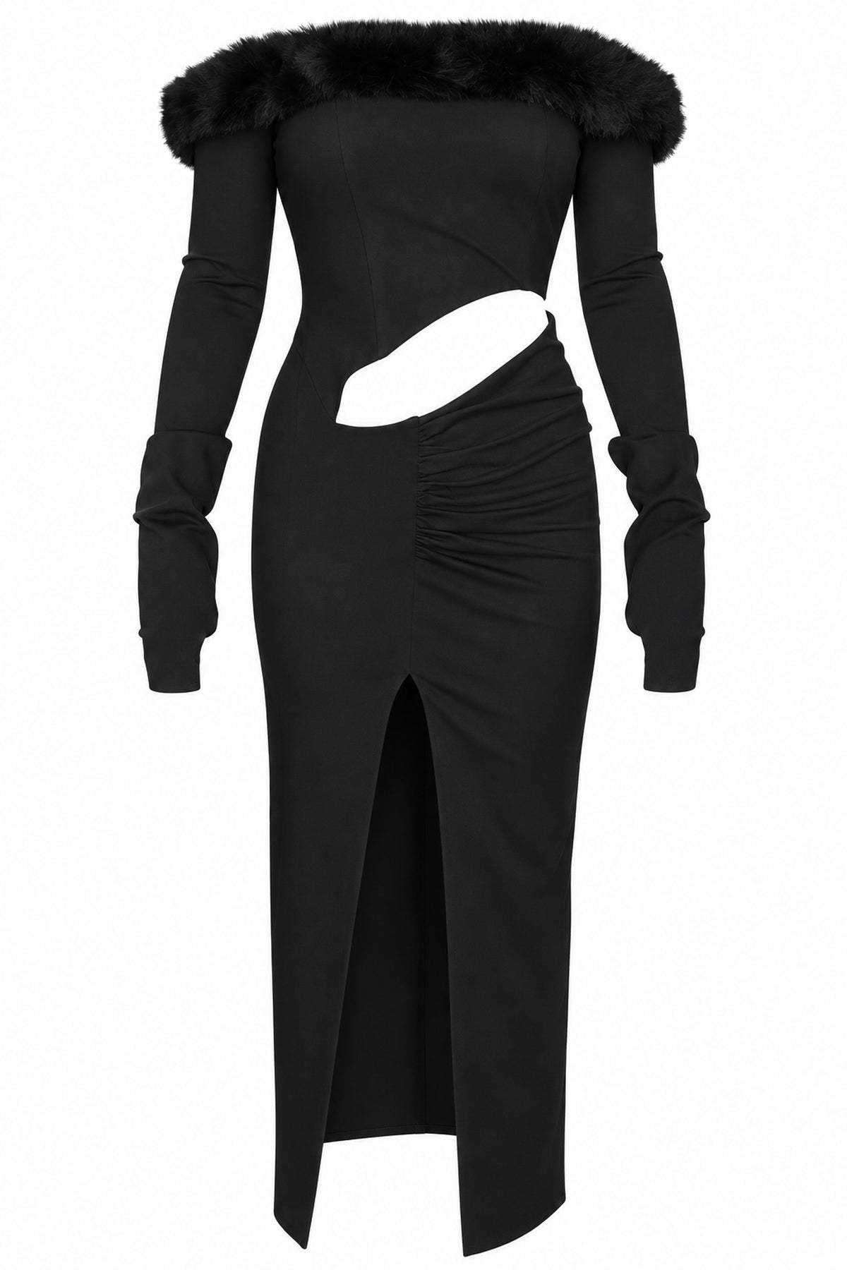 Cup of Stars Black Faux Fur Trim Cut-Out Maxi Dress