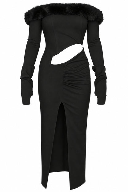 Cup of Stars Black Faux Fur Trim Cut-Out Maxi Dress