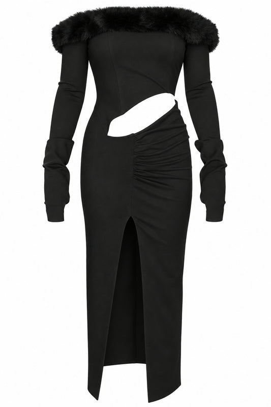 Cup of Stars Black Faux Fur Trim Cut-Out Maxi Dress