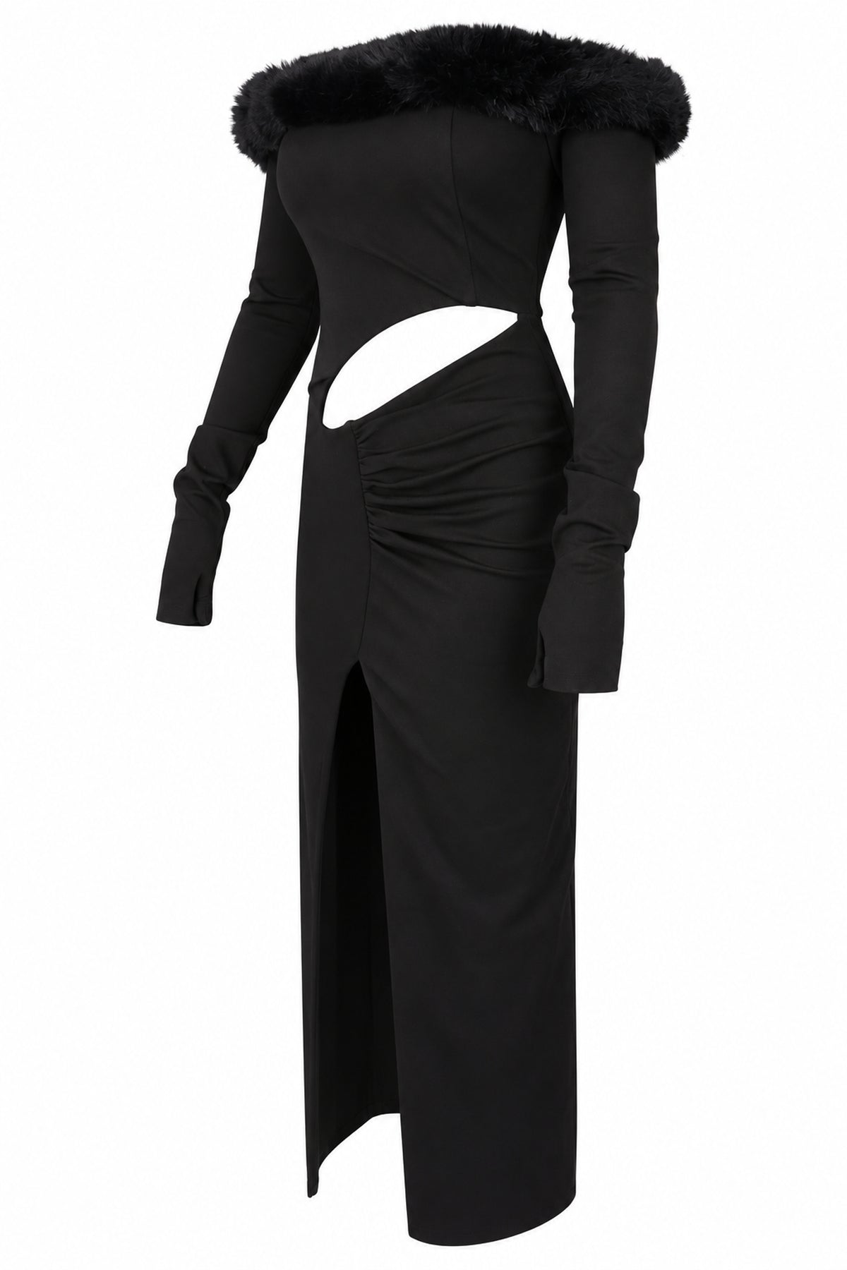 Cup of Stars Black Faux Fur Trim Cut-Out Maxi Dress