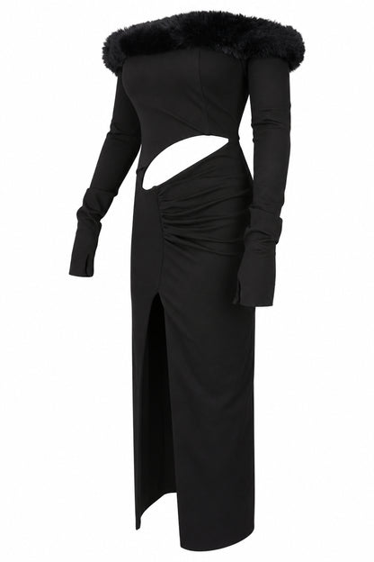 Cup of Stars Black Faux Fur Trim Cut-Out Maxi Dress
