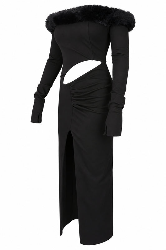 Cup of Stars Black Faux Fur Trim Cut-Out Maxi Dress