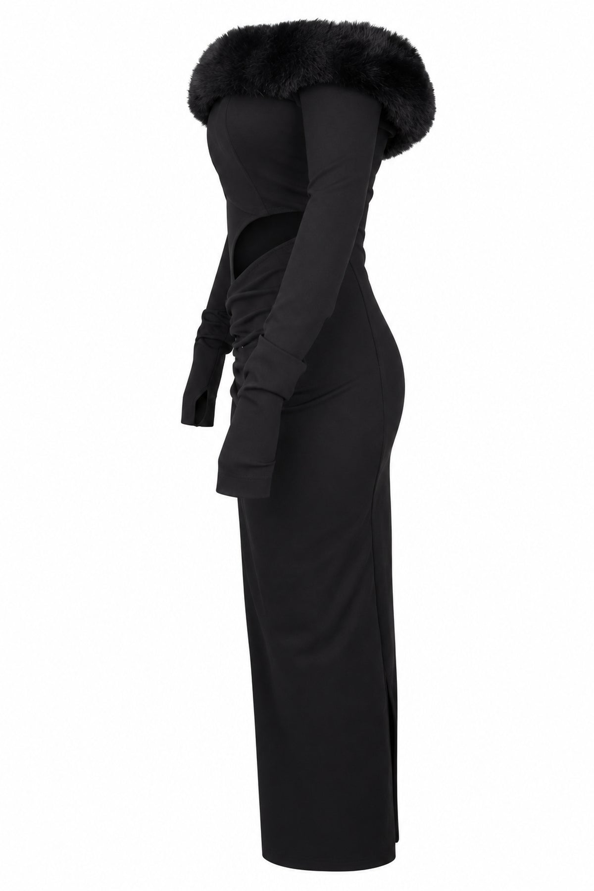 Cup of Stars Black Faux Fur Trim Cut-Out Maxi Dress