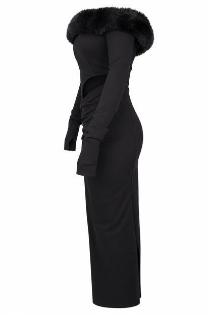 Cup of Stars Black Faux Fur Trim Cut-Out Maxi Dress