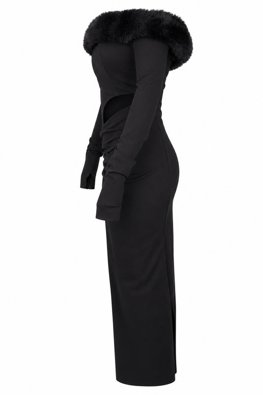 Cup of Stars Black Faux Fur Trim Cut-Out Maxi Dress