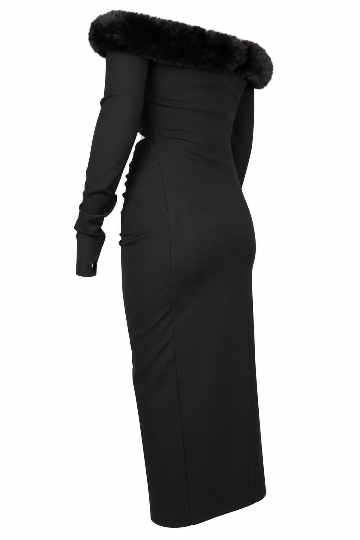 Cup of Stars Black Faux Fur Trim Cut-Out Maxi Dress