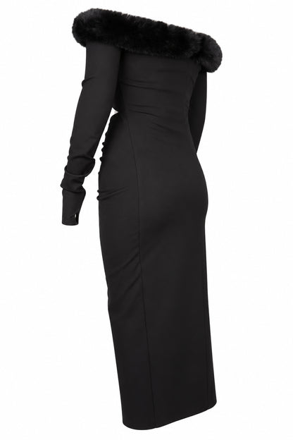 Cup of Stars Black Faux Fur Trim Cut-Out Maxi Dress