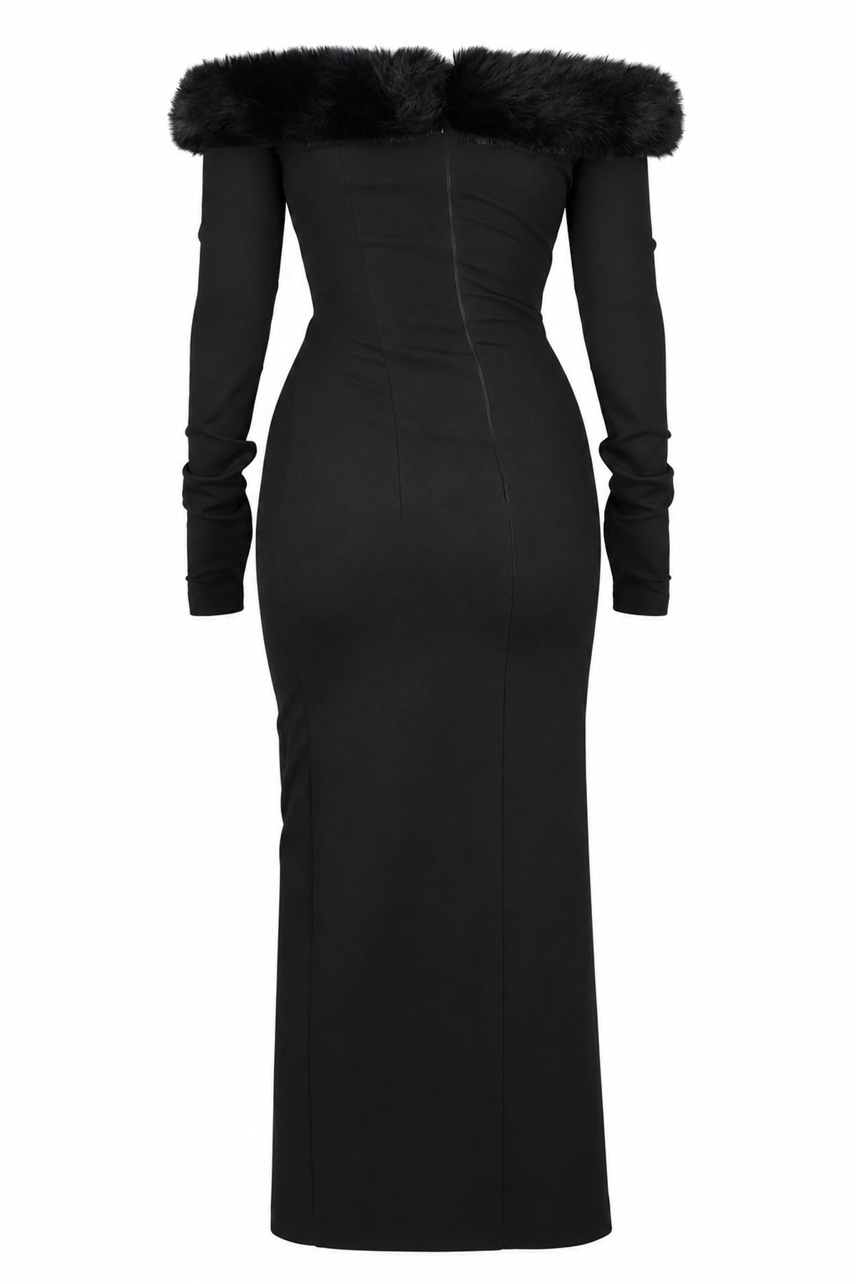 Cup of Stars Black Faux Fur Trim Cut-Out Maxi Dress
