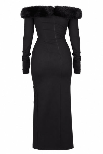 Cup of Stars Black Faux Fur Trim Cut-Out Maxi Dress