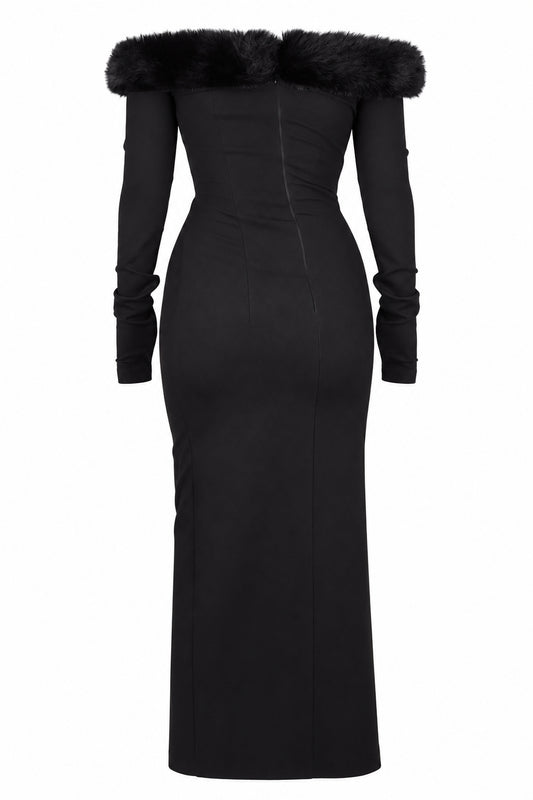Cup of Stars Black Faux Fur Trim Cut-Out Maxi Dress