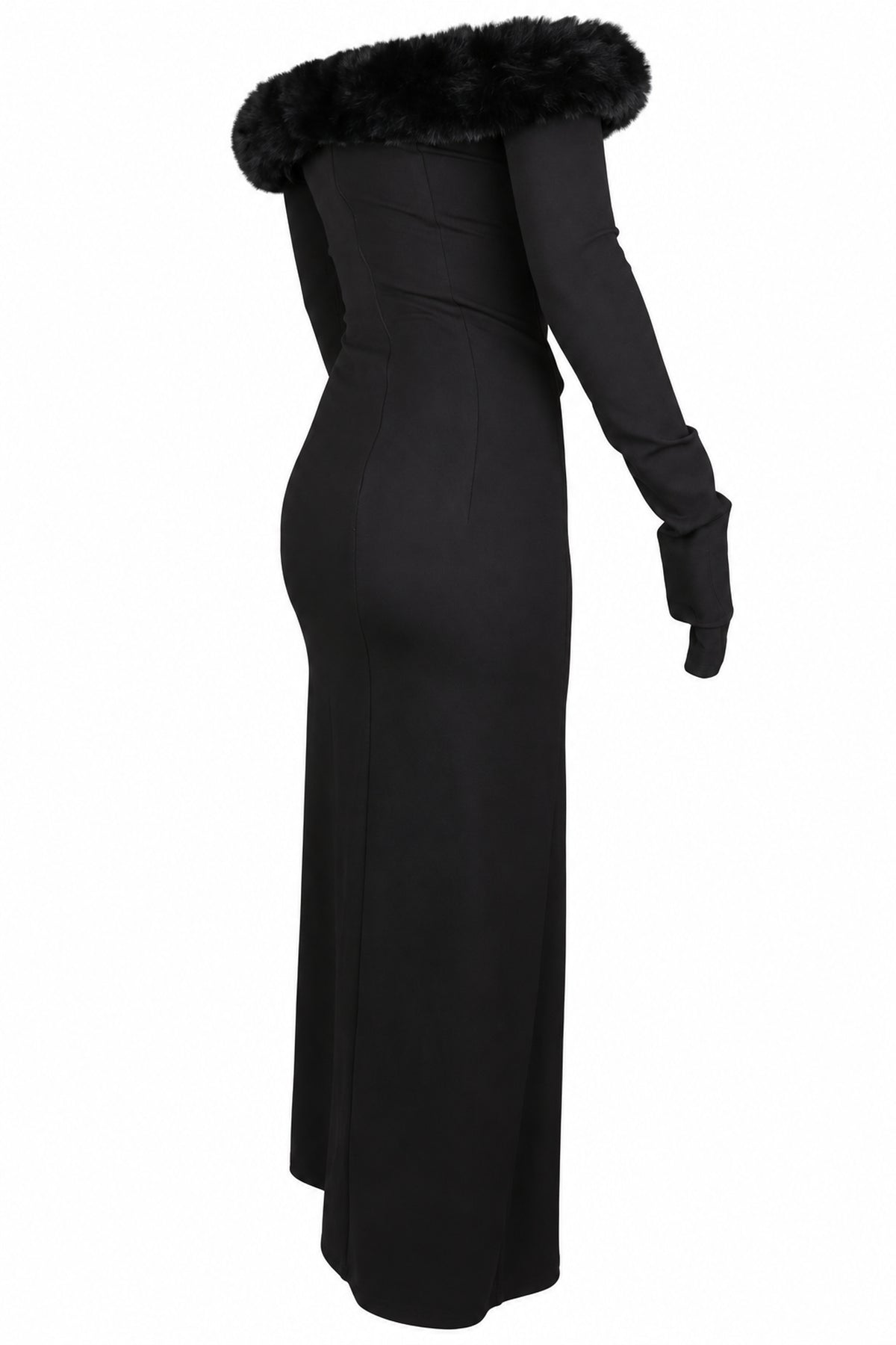 Cup of Stars Black Faux Fur Trim Cut-Out Maxi Dress