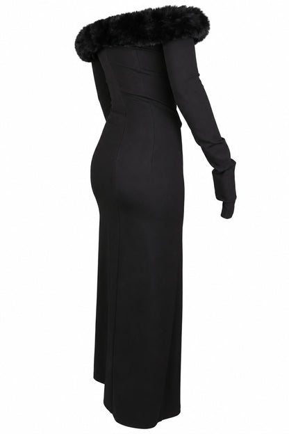 Cup of Stars Black Faux Fur Trim Cut-Out Maxi Dress