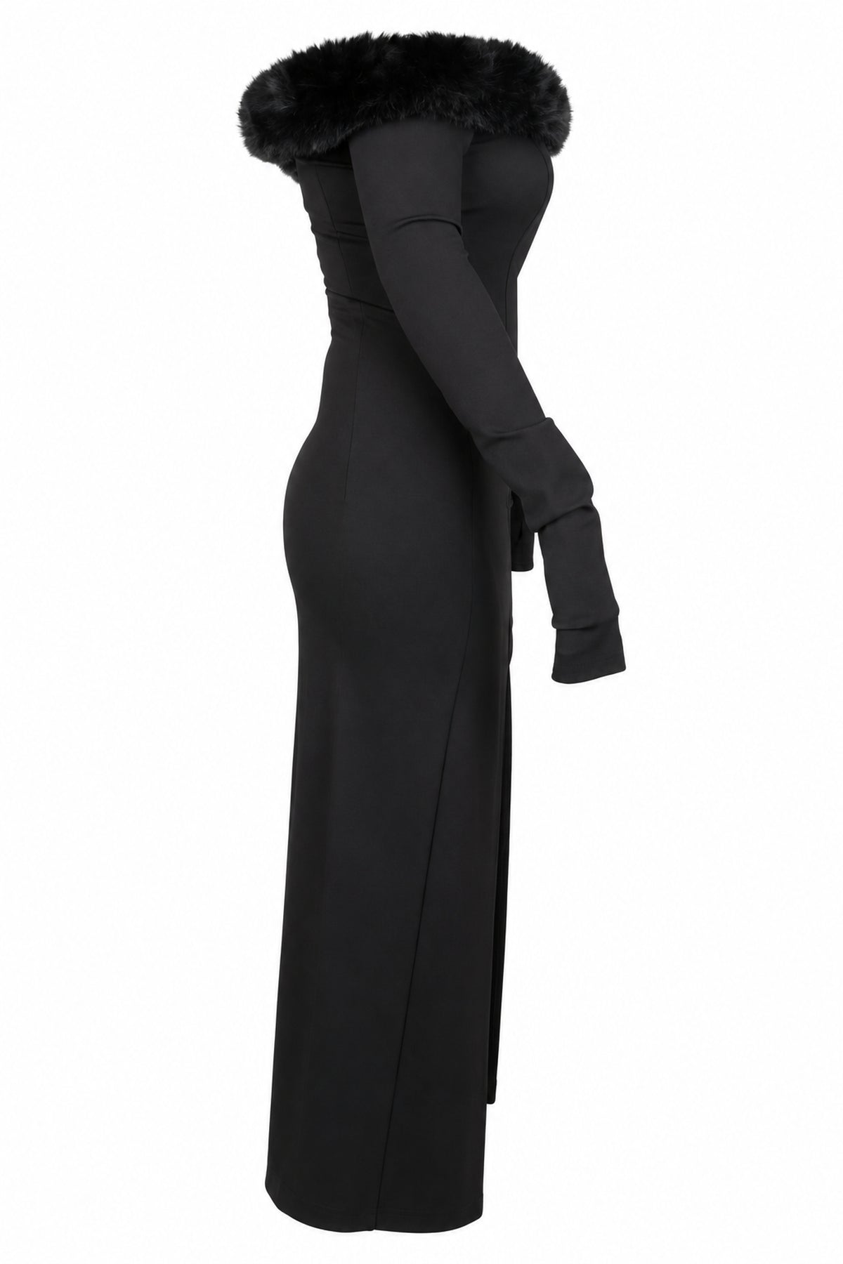 Cup of Stars Black Faux Fur Trim Cut-Out Maxi Dress