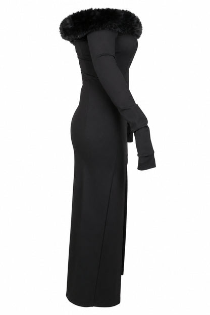 Cup of Stars Black Faux Fur Trim Cut-Out Maxi Dress
