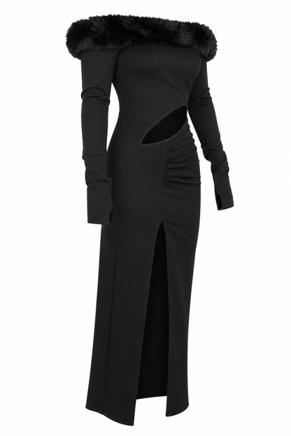 Cup of Stars Black Faux Fur Trim Cut-Out Maxi Dress