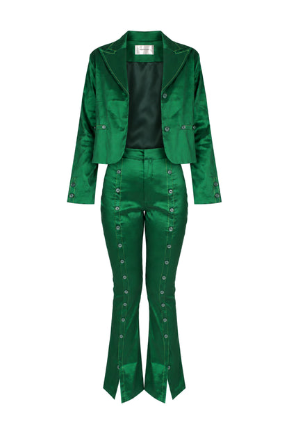 Hosbjerg Emerald Satin Studded Blazer and Flared Trouser Suit