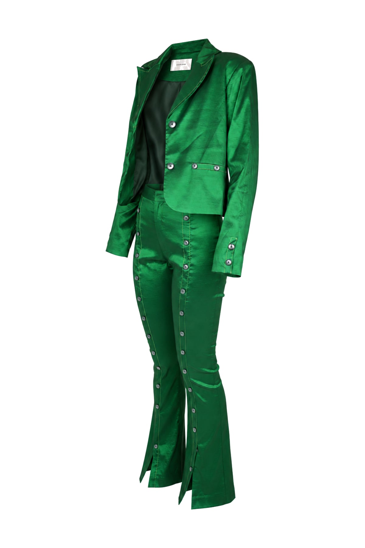 Hosbjerg Emerald Satin Studded Blazer and Flared Trouser Suit