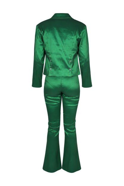 Hosbjerg Emerald Satin Studded Blazer and Flared Trouser Suit
