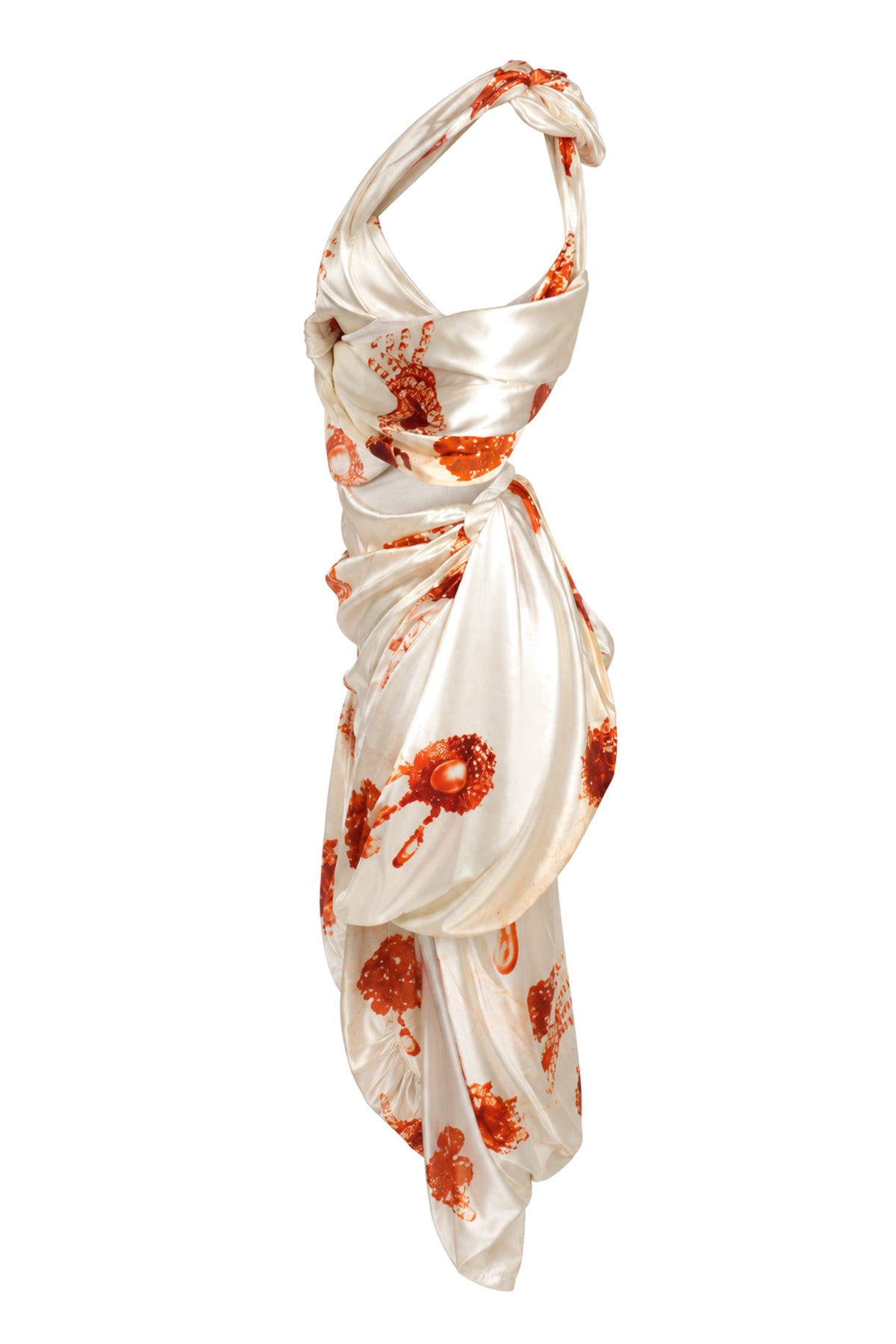 Christopher Esber Ivory Poppy Print Satin Draped One-Shoulder Dress