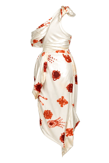 Christopher Esber Ivory Poppy Print Satin Draped One-Shoulder Dress