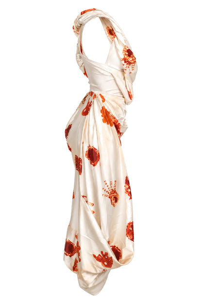 Christopher Esber Ivory Poppy Print Satin Draped One-Shoulder Dress