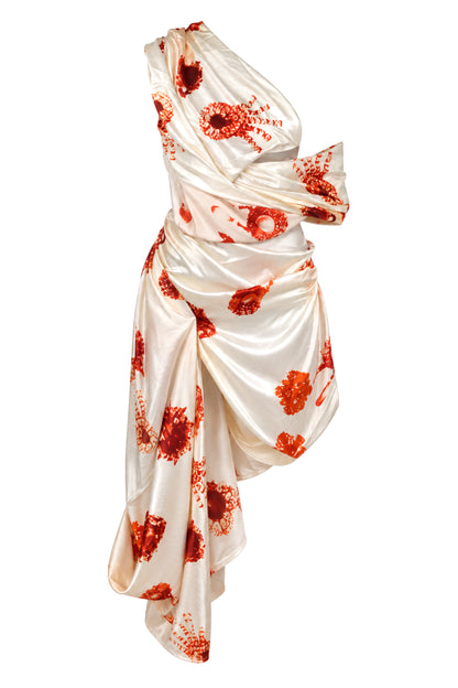 Christopher Esber Ivory Poppy Print Satin Draped One-Shoulder Dress