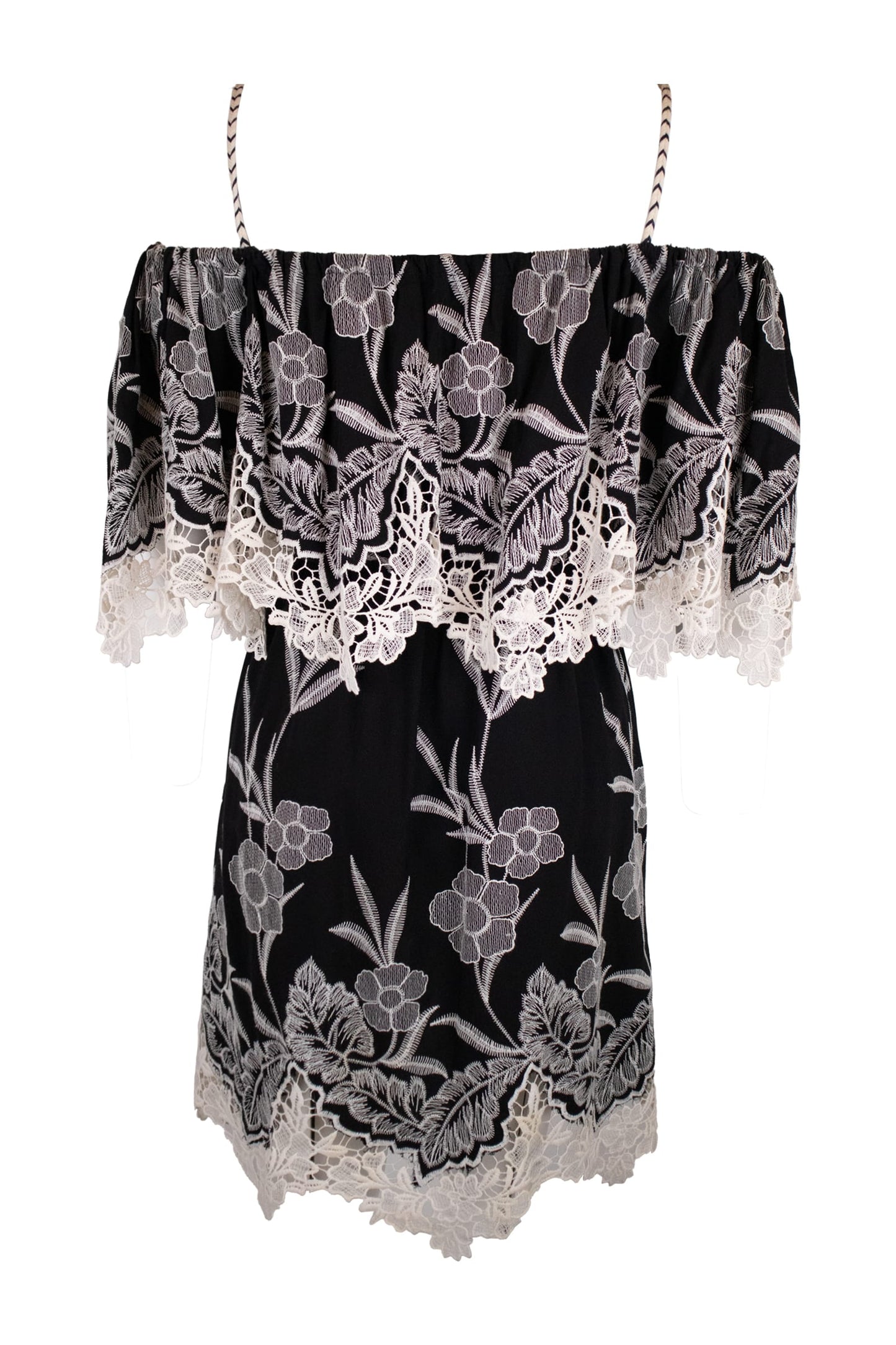 Anne Fontain Black Base With Intricate White Floral Lace Embroidery Dress