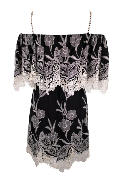 Anne Fontain Black Base With Intricate White Floral Lace Embroidery Dress