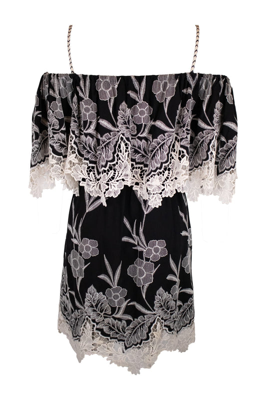 Anne Fontain Black Base With Intricate White Floral Lace Embroidery Dress