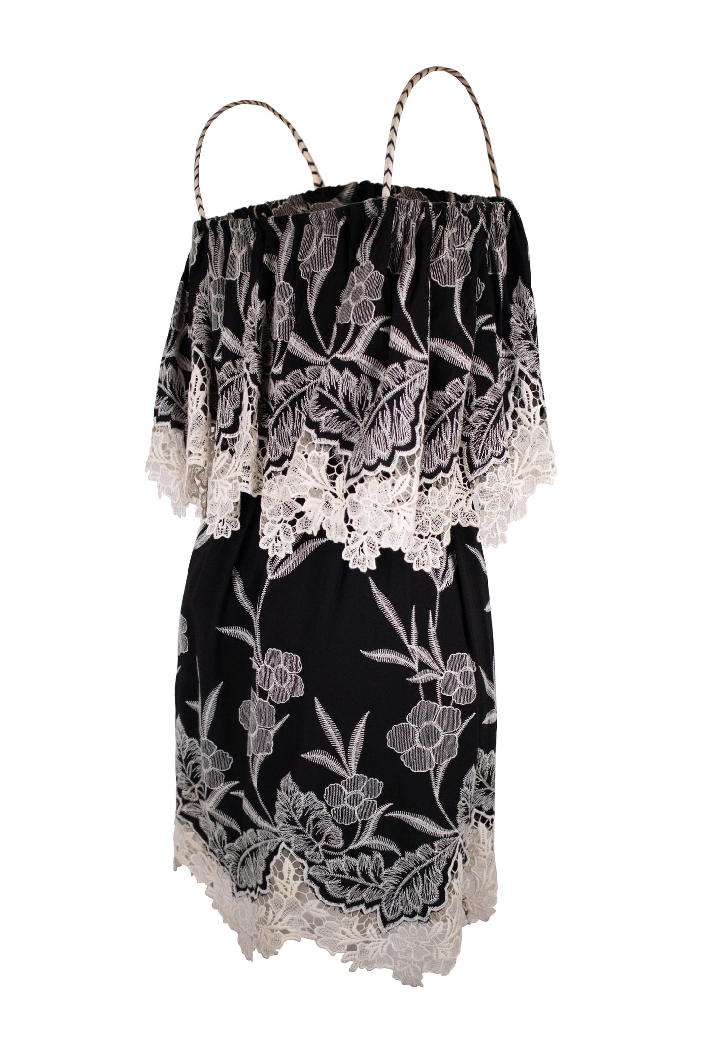 Anne Fontain Black Base With Intricate White Floral Lace Embroidery Dress